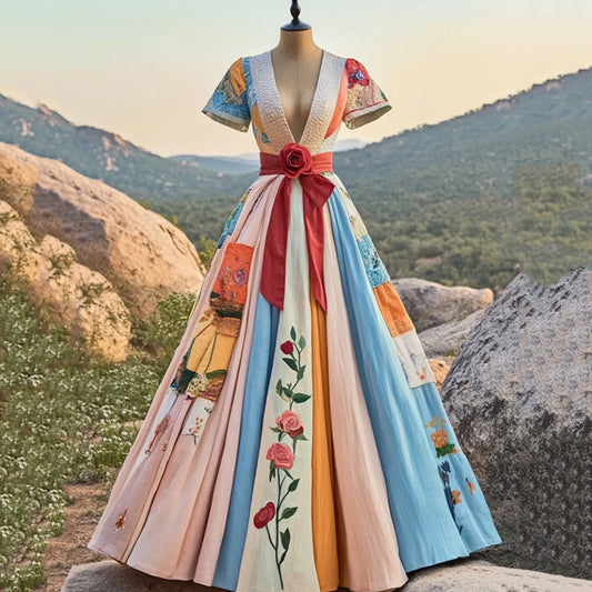 Women's Vintage Floral Art Cotton Linen Maxi Dress elevenforest