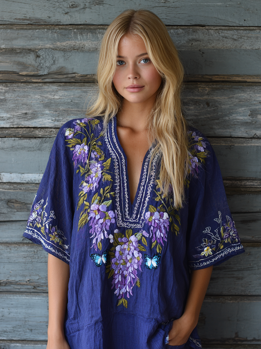 Women's  Lavender Butterfly Embroidery Linen V-neck Shirt elevenforest
