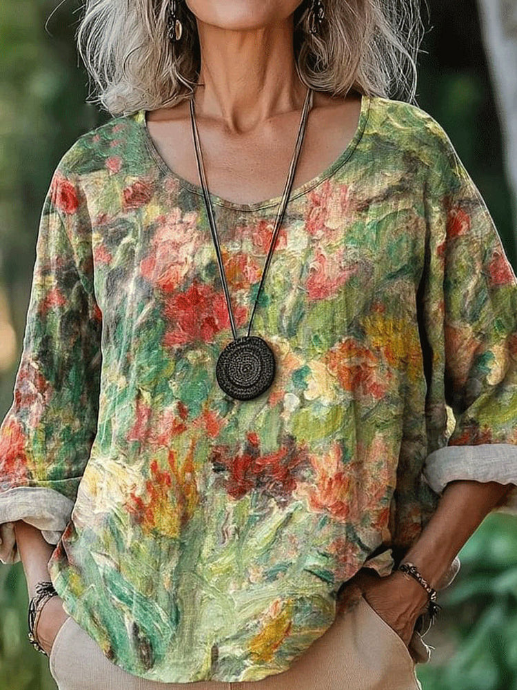 Vintage Oil Painting Floral Pattern Women's Linen Shirt elevenforest