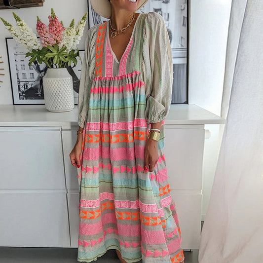 Vintage Colorful Linen Blend Midi Dress elevenforest