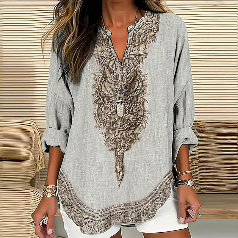 Women's Vintage Viking Wolf Art Print Linen Shirt elevenforest