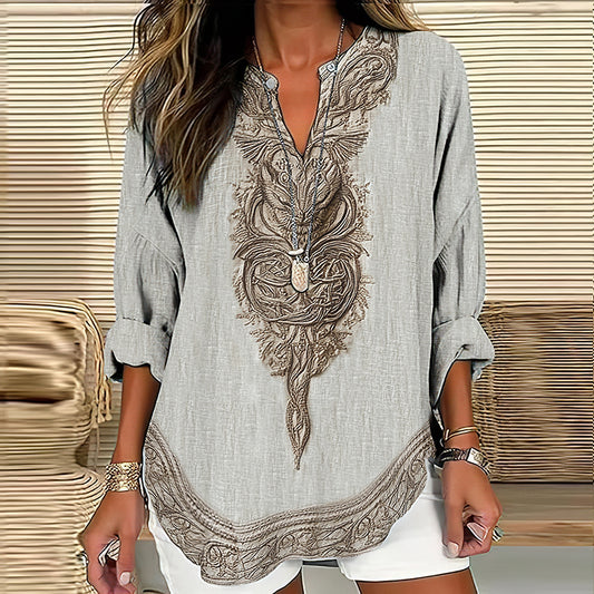 Women's Vintage Viking Wolf Art Print Linen Shirt elevenforest