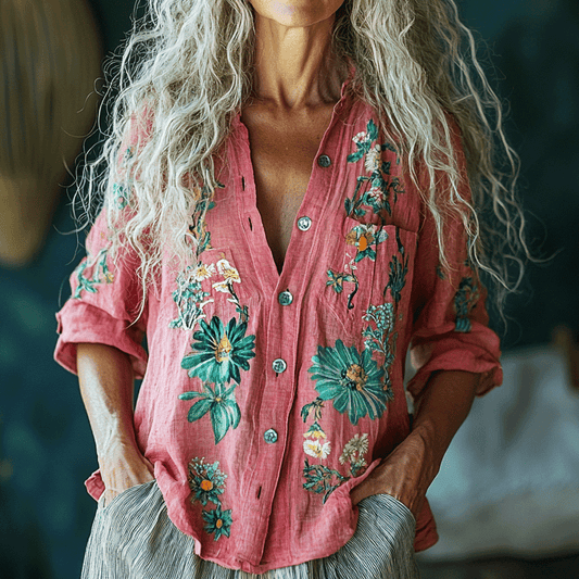 Retro Bohemian Style Linen Floral Art Print Long Sleeve Loose  Shirt elevenforest