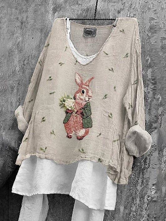 Comstylish Women's Cute Rabbit Embroidery Pattern Comfortable Linen Shirt