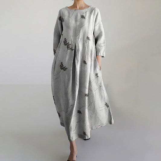 Casual Cotton And Linen Crane Print Women'S Round Neck Dress elevenforest