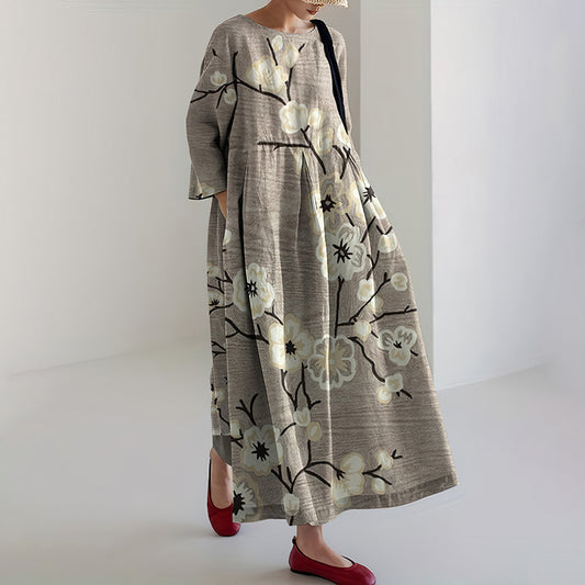 Japanese Art Flower Print Long Sleeves Loose Midi Dress elevenforest