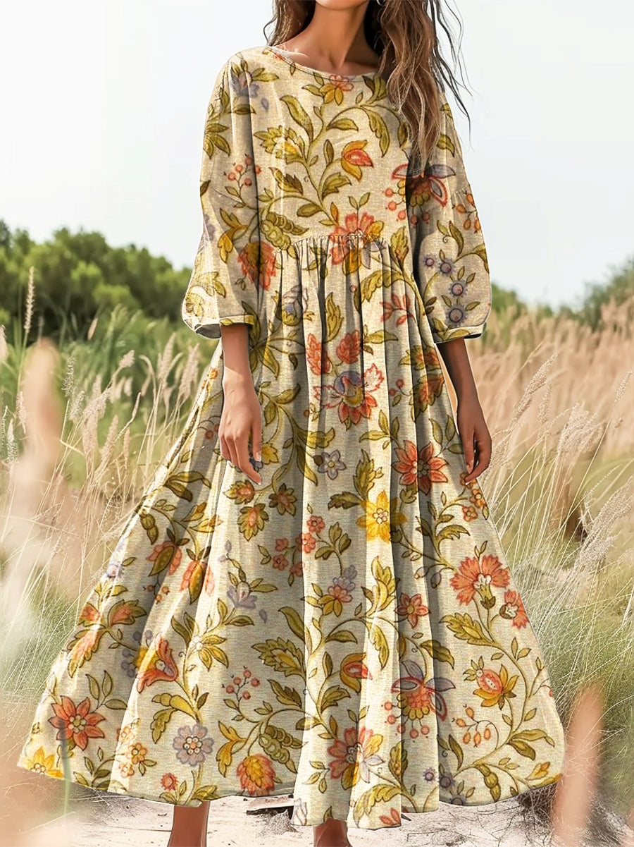 Women's Vintage Folk Floral Art Print Flowy Cotton Crew Neck Dress