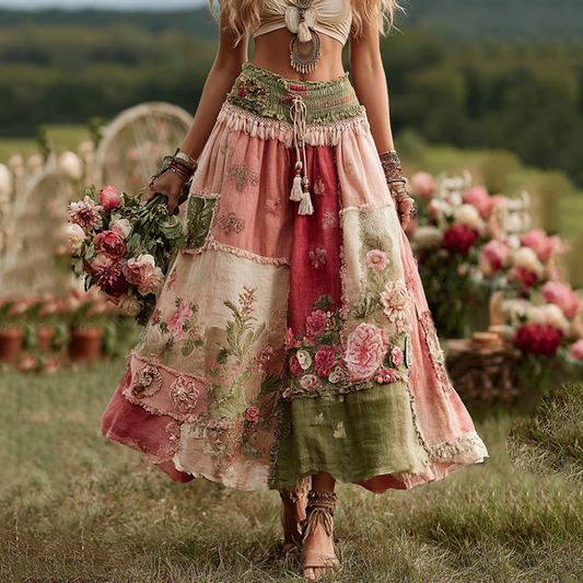 Vintage Boho Rose Floral Patchwork Art Flowy Linen Skirt elevenforest