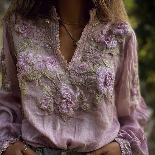 Vintage Lavender Flowers Vines Embroidered Linen Tunic elevenforest