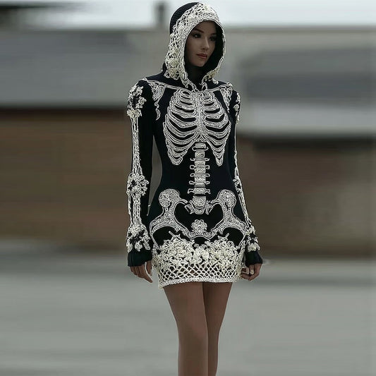 Women's Vintage Halloween Skeleton Bones With Rose Art Cozy Knit Hooded Sweater Dress elevenforest