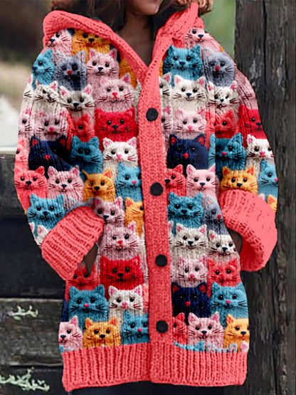 KS | Knitted coat with button placket and playful cat print