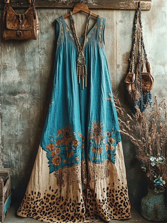 Boho Floral Leopard Contrast Turquoise Linen Maxi Dress elevenforest