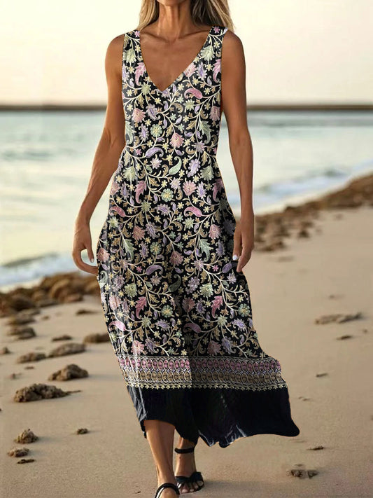 Women's Vintage Ethnic Floral Art Print Pocket Cotton Dress