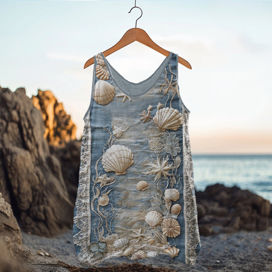 Vintage Starfish Shell Ocean Inspired Cozy Linen Tank Top elevenforest