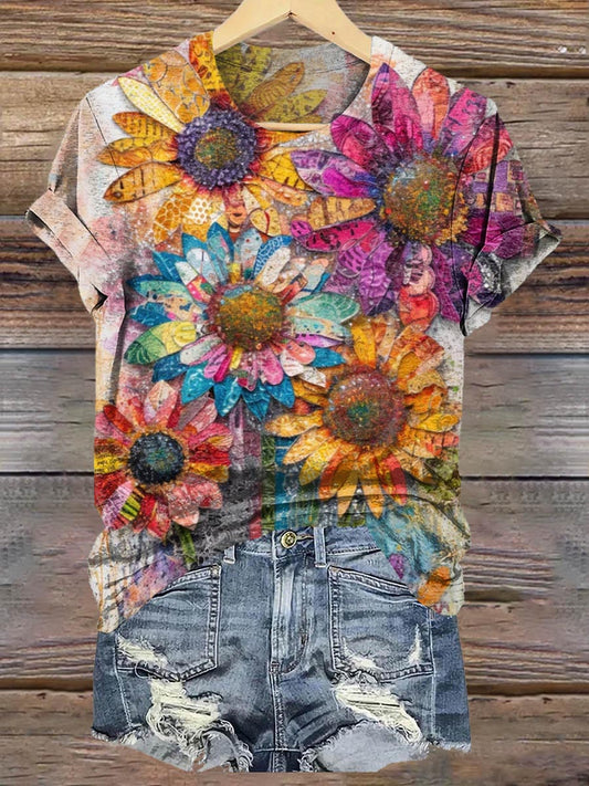 Women's Retro Colorful Sunflower Print Casual Crew Neck T-Shirt