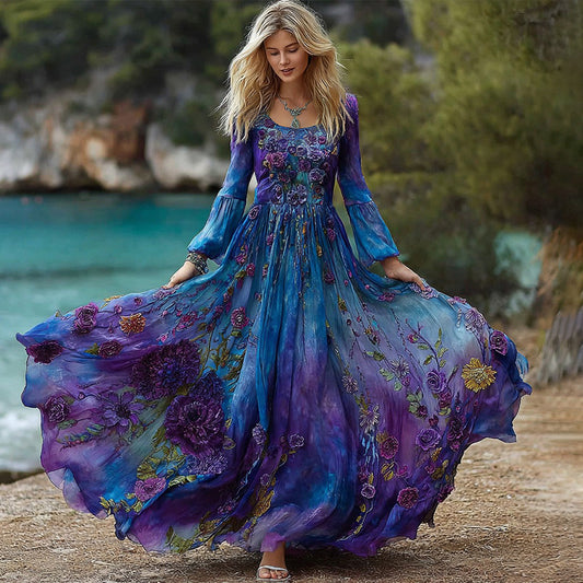 Women's Vintage Rose Floral Gradient Pattern Round Neck Long-sleeved Dress elevenforest