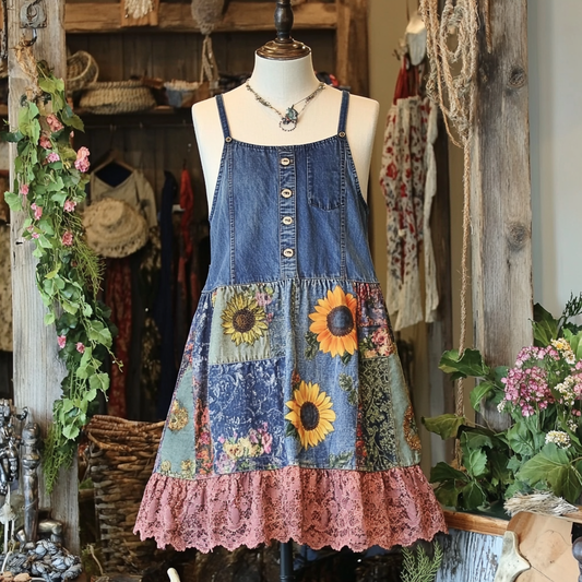 Vintage Denim Sunflower Floral And Lace Slip Dress elevenforest