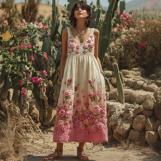 Vintage Pink Flowers Embroidered Linen Maxi Dress elevenforest