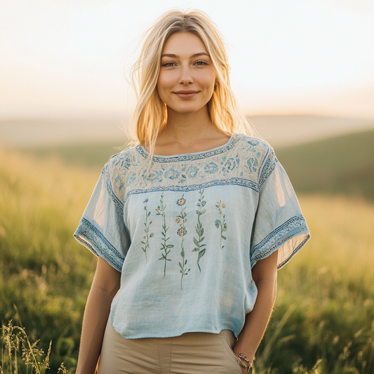 Retro Bohemian Floral Embroidery Art Graphics Linen Blend T-shirt elevenforest