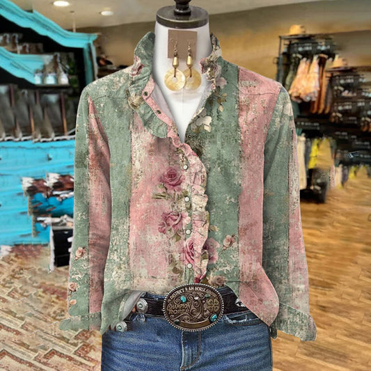 Women's Vintage Floral Art Print Ruffle Shirt elevenforest
