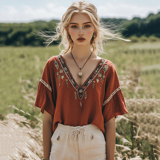 Women's Bohemian Retro Flowers Round Neck T-shirt elevenforest