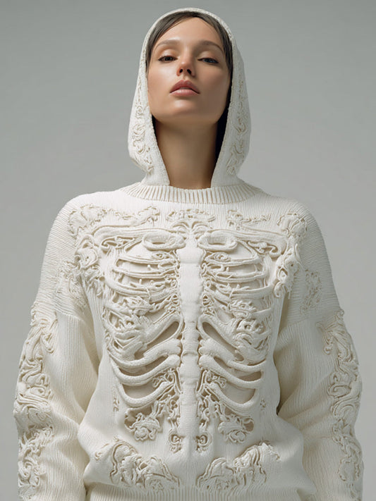 Comstylish Women's Vintage Halloween Skull Embroidered Hoodie Sweater