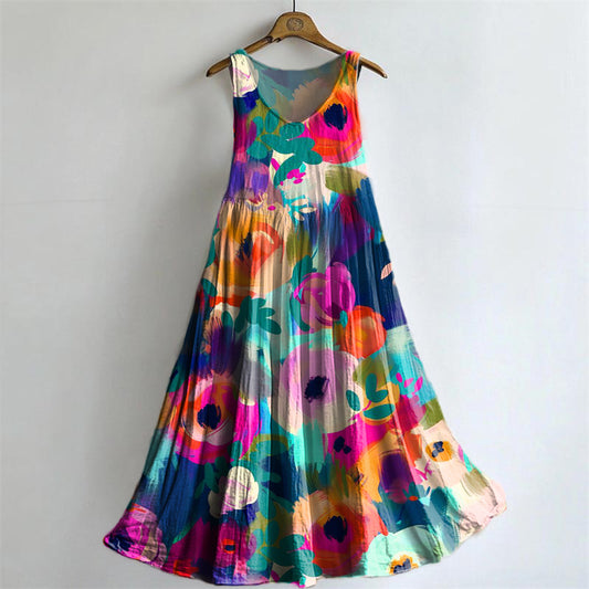Women's Painting Floral Art Print Crew Neck Sleeveless Cotton Pocket D