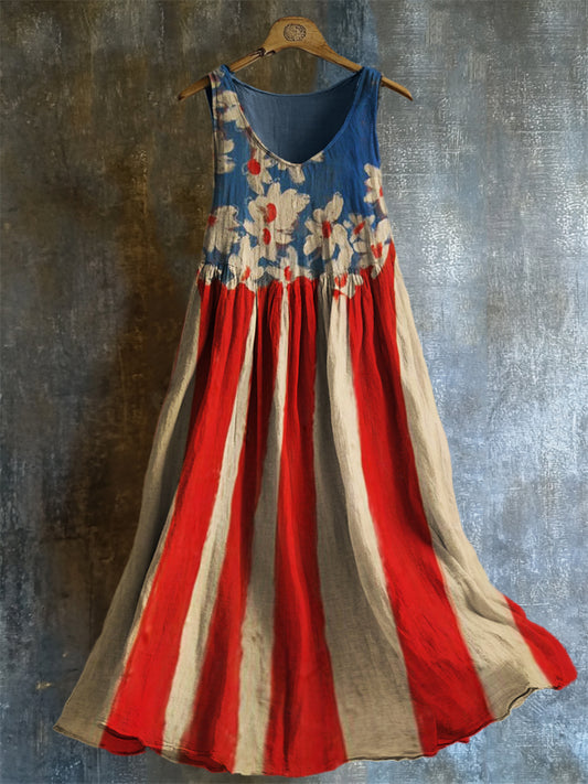 American Flag Inspired Floral Oil Painting Flowy Linen Dress elevenforest