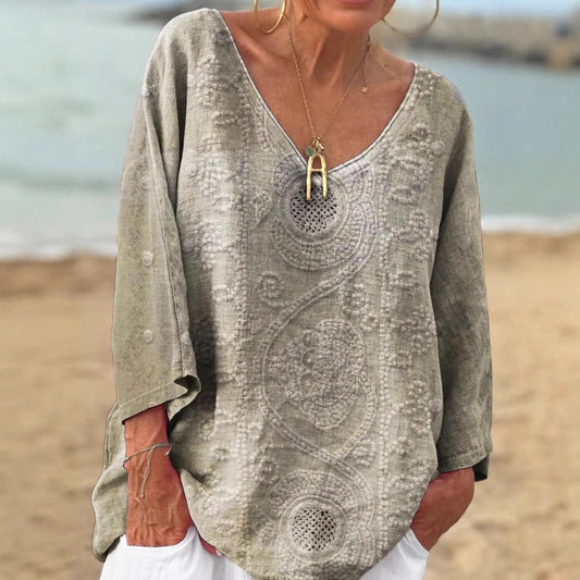 Comstylish Vintage Floral Embroidered V-neck Loose Linen Blend T-shirt