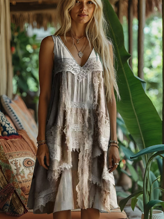 Bohemian Lace Patchwork Art Women's Linen Vest Dress elevenforest