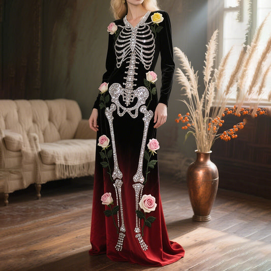 Vintage Halloween Skeleton Bones With Roses Flowy Velvet V Neck Maxi Dress elevenforest