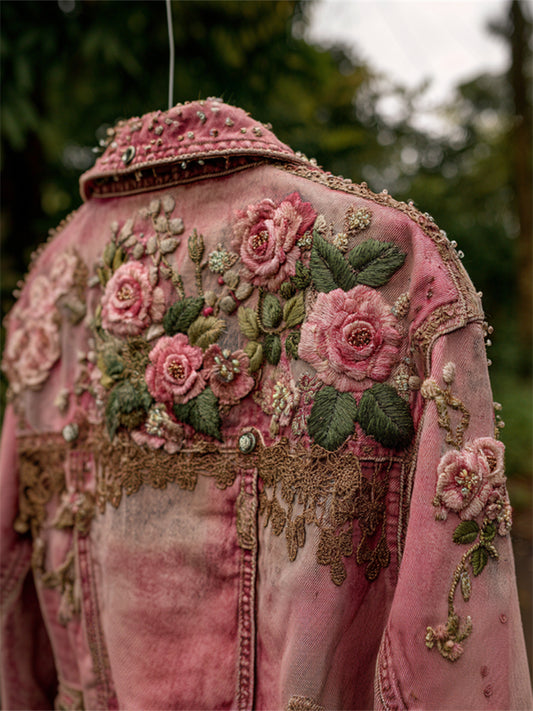 Boho Roses Lace Embroidered Pink Washed Denim Jacket elevenforest