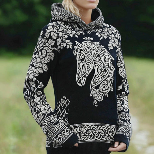Comstylish Women's Retro Celtic Horse And Floral Pattern Comfortable Hooded Sweater