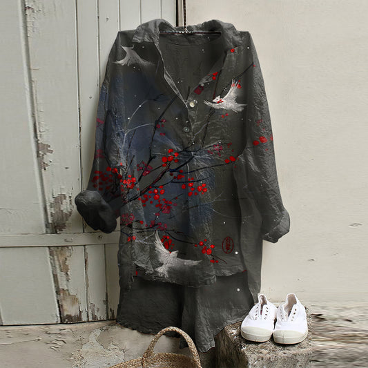 Women's Japanese Art Red Plum And Birds Linen Blend High Low Tunic elevenforest