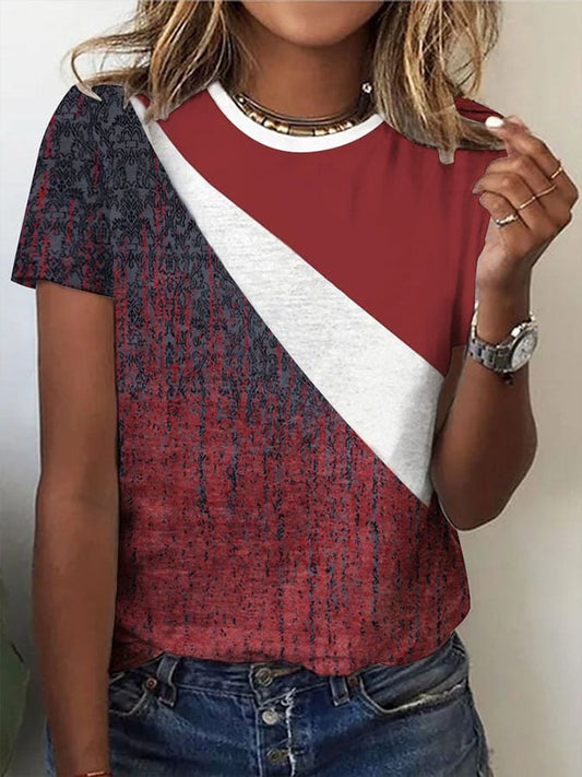 Women's Casual Contrast Printed Round Neck Short Sleeve T-Shirt 