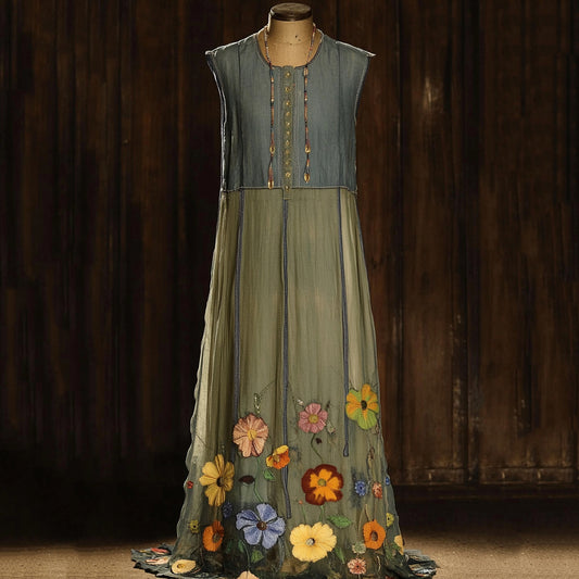 Vintage Denim Blue Chiffon Violet Embroidery Sleeveless Dress elevenforest