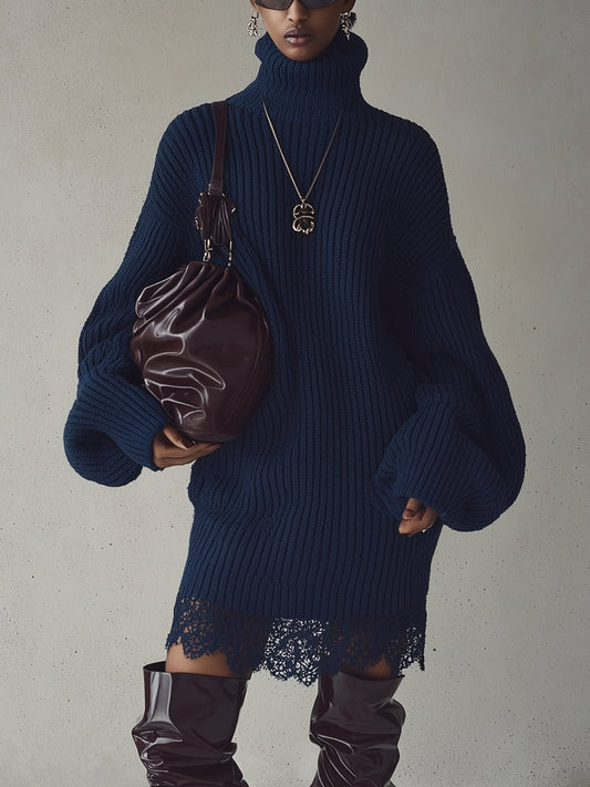 Navy Turtleneck Ribbed Knit Mini Dress With Lace Hem
