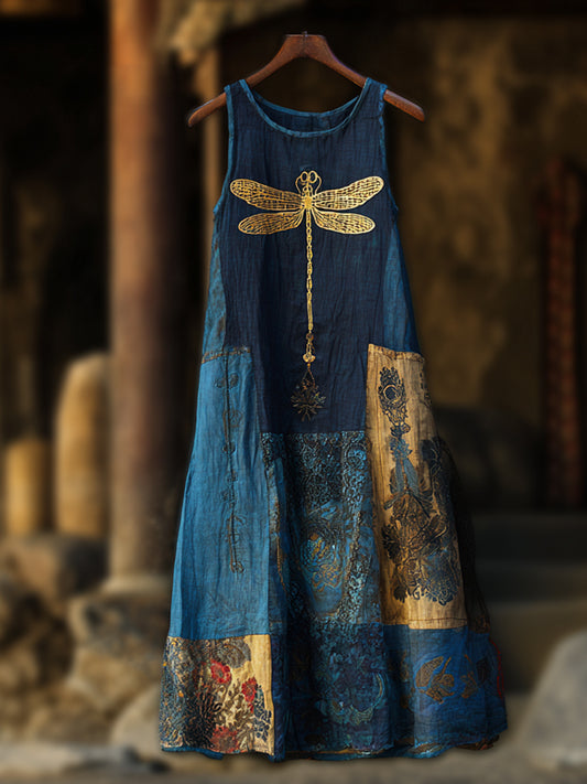 Vintage Dragonfly Boho Art Women's Linen Vest Midi Dress elevenforest
