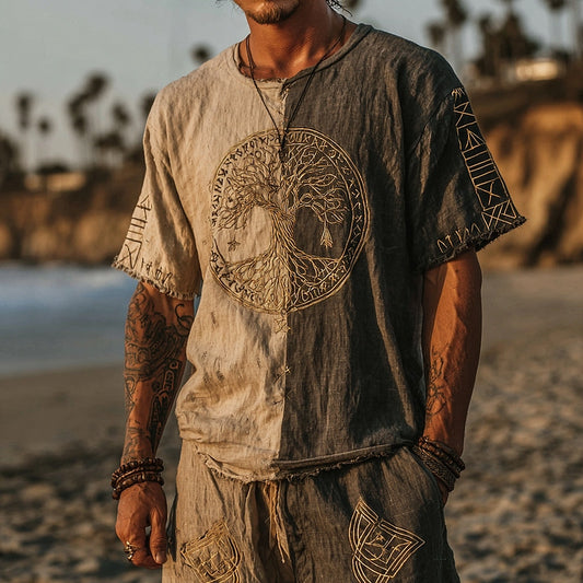 Men's Retro Tree Of Life Design Two-color Linen T-shirt elevenforest