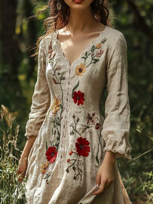 Vintage Forest Floral Embroidery Art Women's Linen Flowy Maxi Dress elevenforest