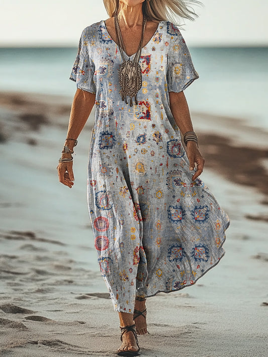 Women's Retro Flower Art Print Pocket Cotton Dress