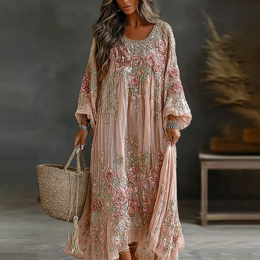 Women's Vintage Floral Art Flowy Linen Blend Casual Long Sleeve Maxi Dress elevenforest