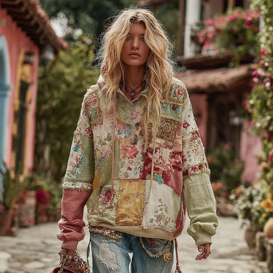 Women's Bohemian Floral Patchwork Cozy Hoodie elevenforest
