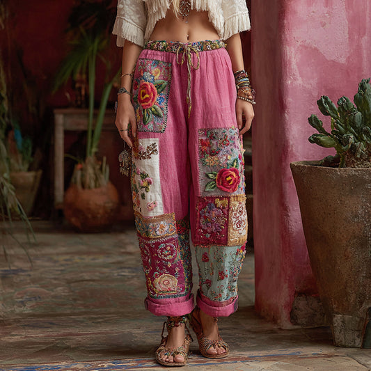 Women's Vintage Rose Floral Embroidery Art Linen Pants elevenforest