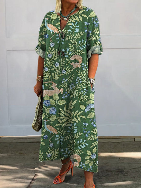 Women's Vintage Lovely Animals Woodland  Art Print Pocket Cotton Dress