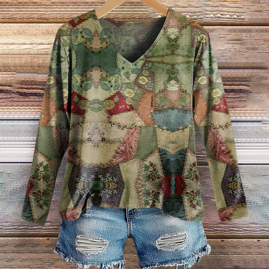 Women's Vintage Patchwork Art Print Casual V-neck Long Sleeve T-shirt