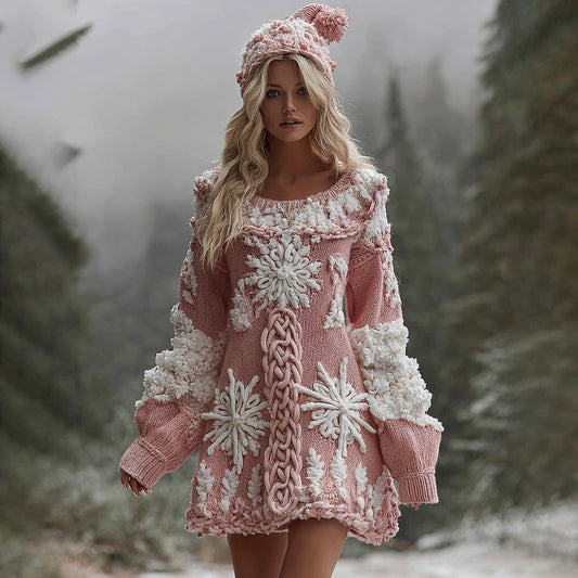Women's Snowflake Embroidered Celtic Knot Midi Sweater Dress