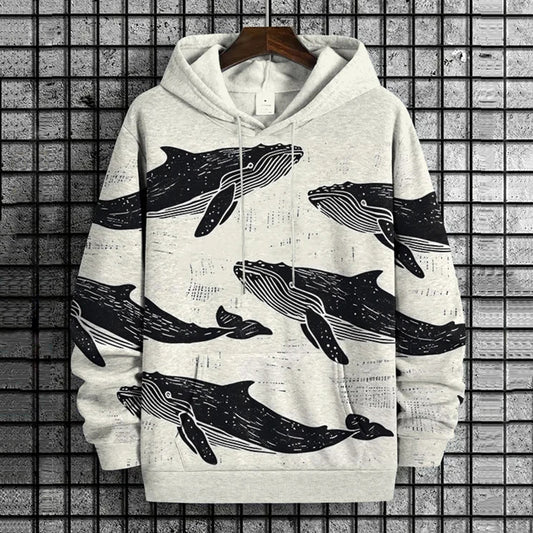 Men's Vintage Whale Linoleum Art Print Hooded Sweatshirt elevenforest