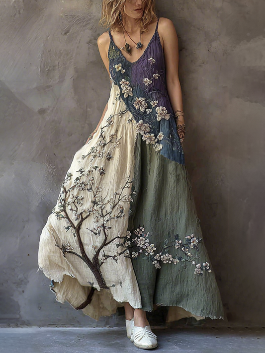 Classy Gradient Japanese Sakura Cherry Blossoms Embroidered Pattern Linen Suspender Long Dress elevenforest
