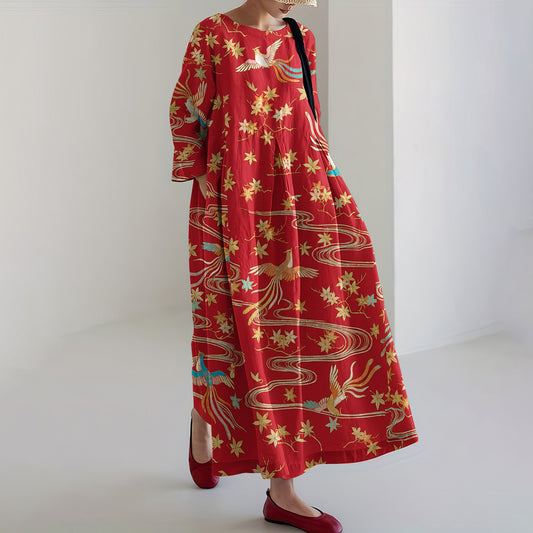 Women's Japanese Flower And Crane Art Print Midi Dress elevenforest
